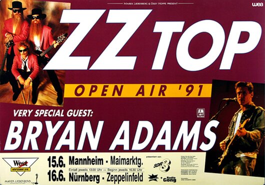 ZZ Top & Bryan Adams,- Open Air, Mannheim & Nrnberg 1991 - Konzertplakat